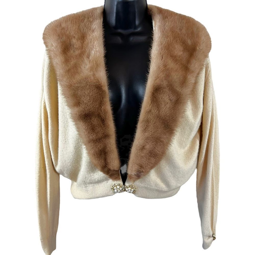 Vintage 60's HADLEY Cashmere Sweater with Mink Fur Collar & Rhinestone Accents